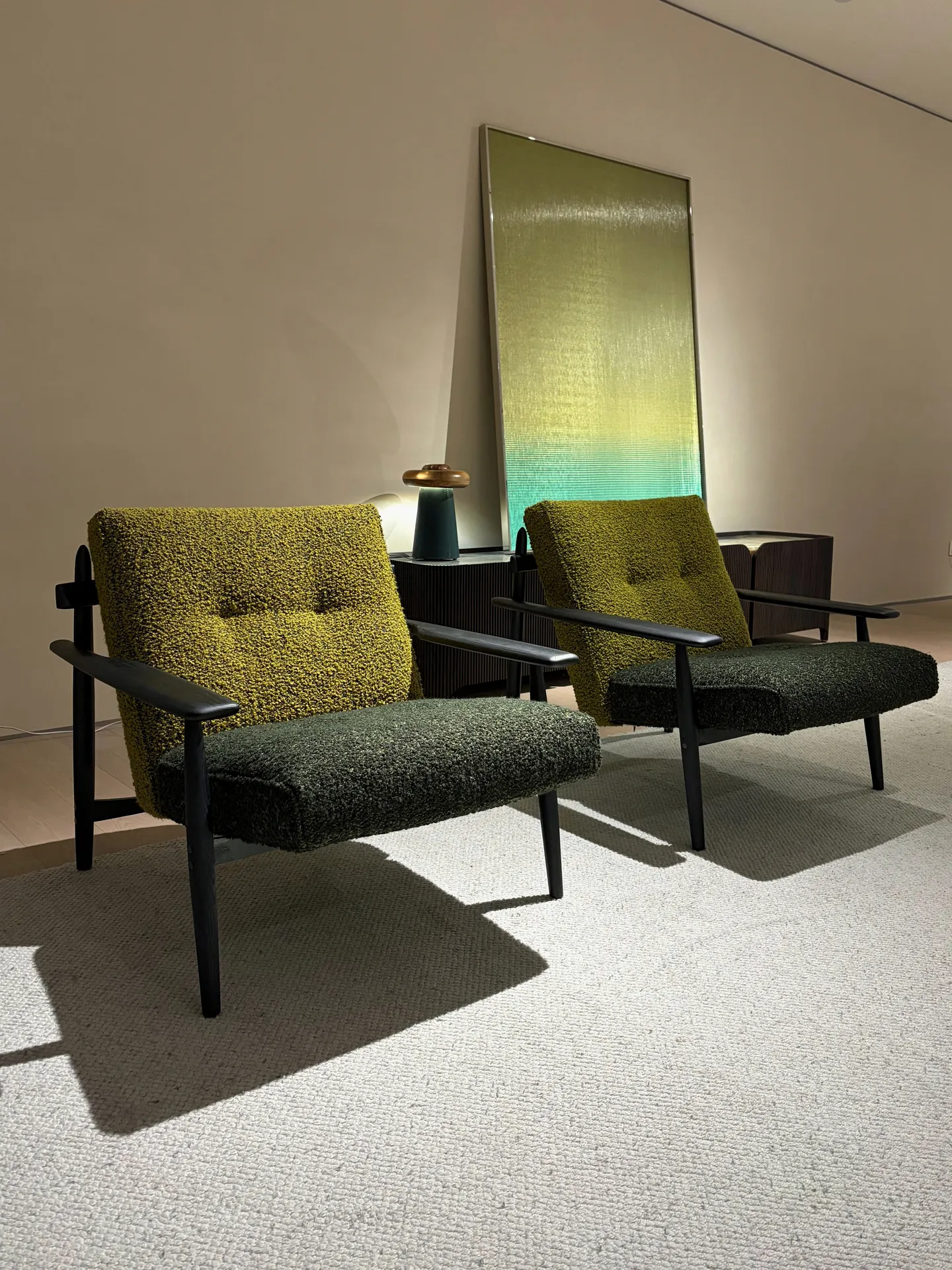 Accent chair trio green boucle 002 on display at EvergoCasa's Foshan showroom - small apartment decorating project ideas
