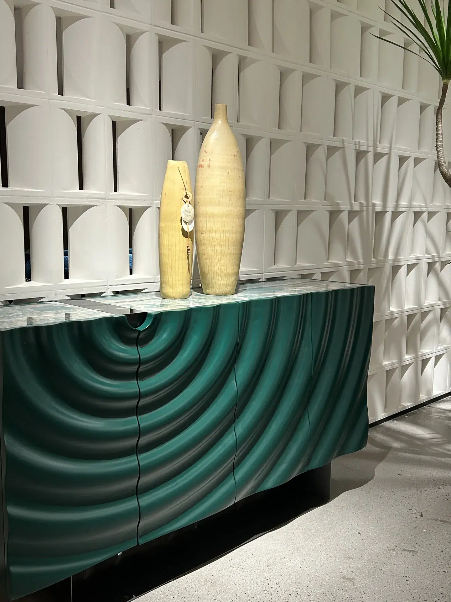 Sideboard ripple teal gloss 001 on display at EvergoCasa's Foshan showroom - office interior design project ideas