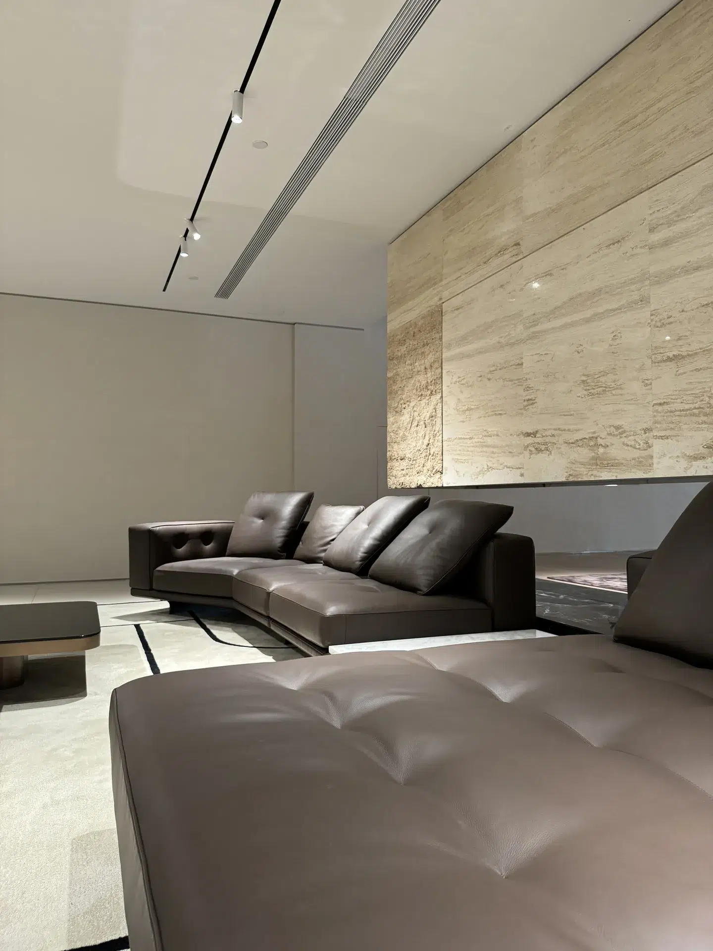 Sofa dylan brown leather 004 on display at EvergoCasa's Foshan showroom - small apartment decorating project ideas